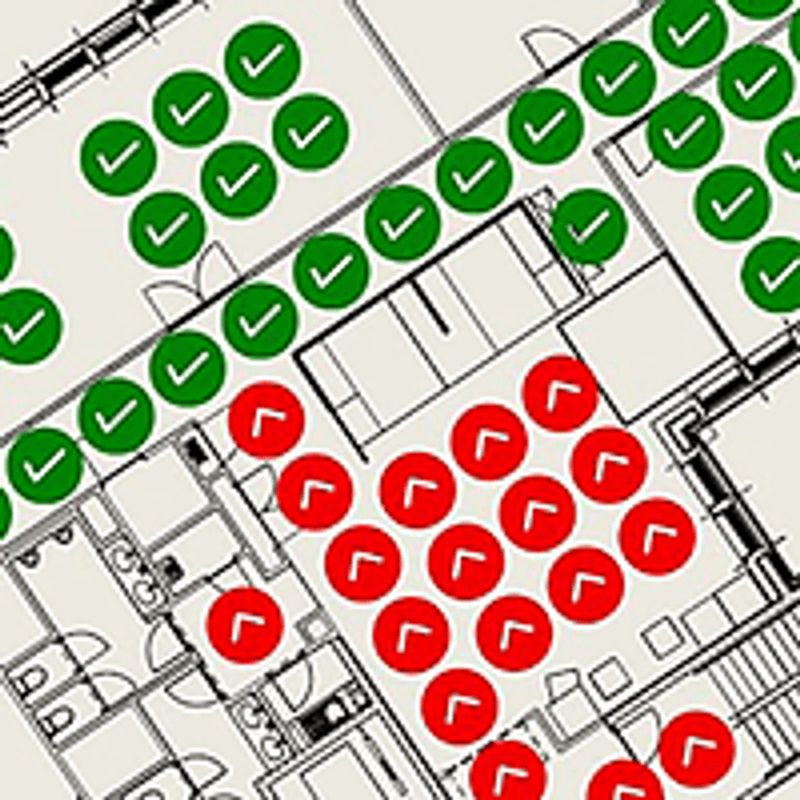 Floor plan annotated with Wi-Fi fingerprinting coverage collected using a mobile app