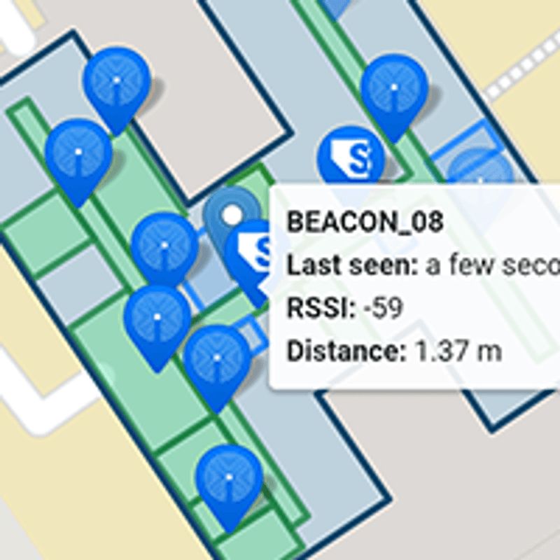 SemBeacon application showing detected beacons on an indoor map