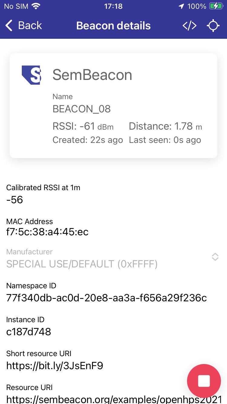 SemBeacon iOS app showing the details of a single beacon including calibrated RSSI and namespace identifier